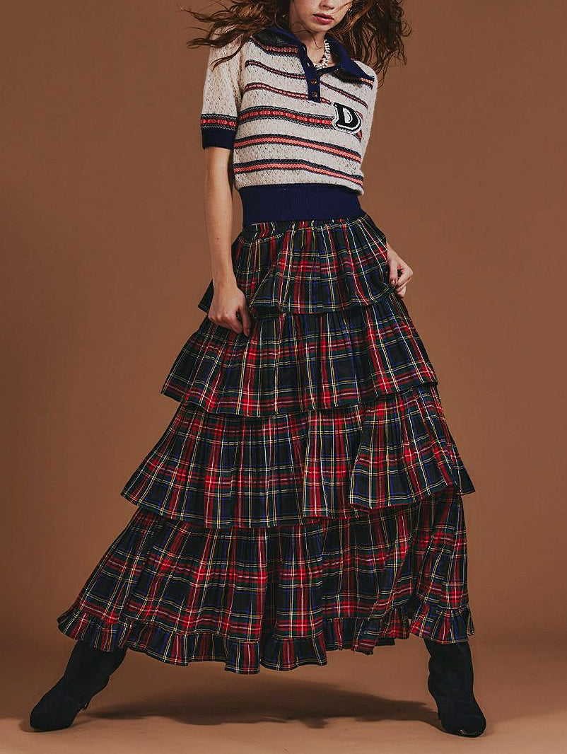 Check teared ruffle skirt