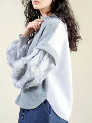 Check tulle sleeve pullover