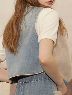 Fur x denim short vest