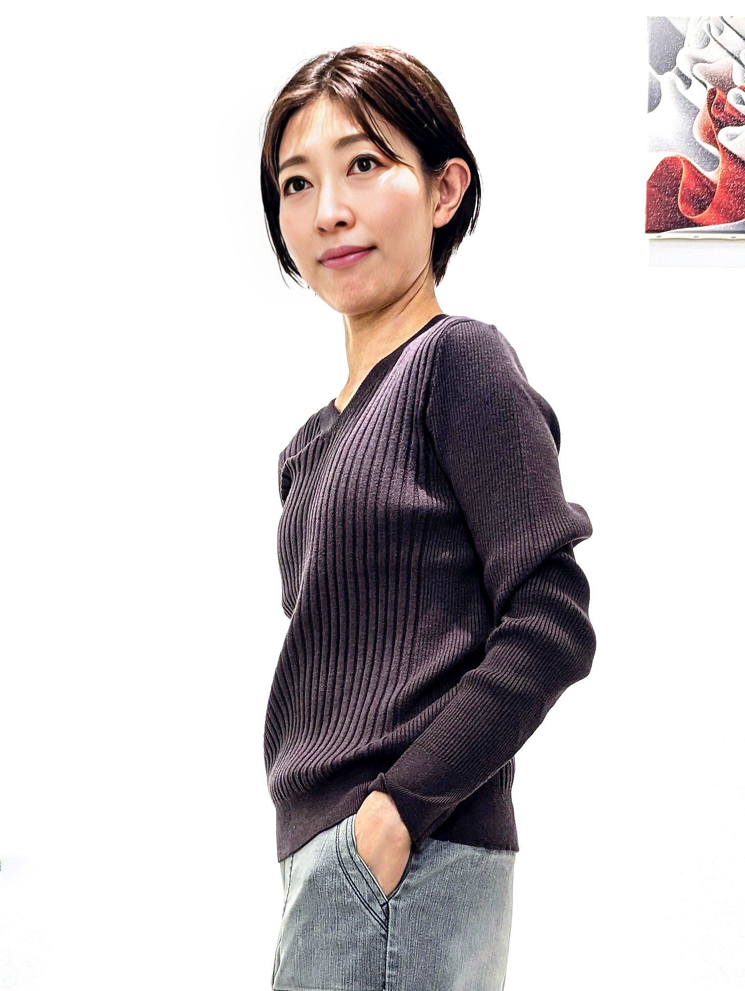 Non-tingling V neck rib knit