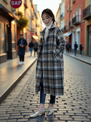 Wool check long coat