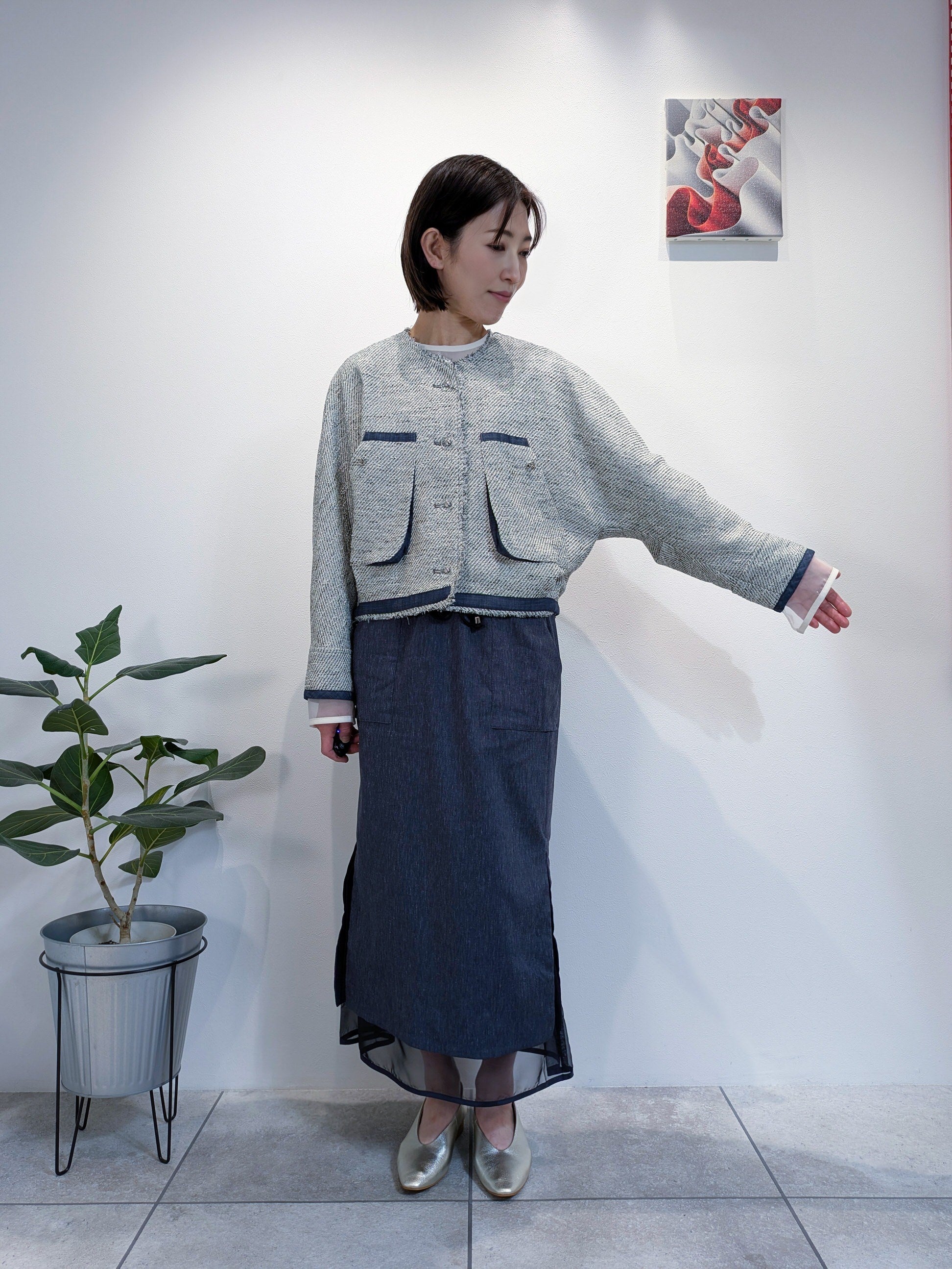 ノーカラーツイードジャケット