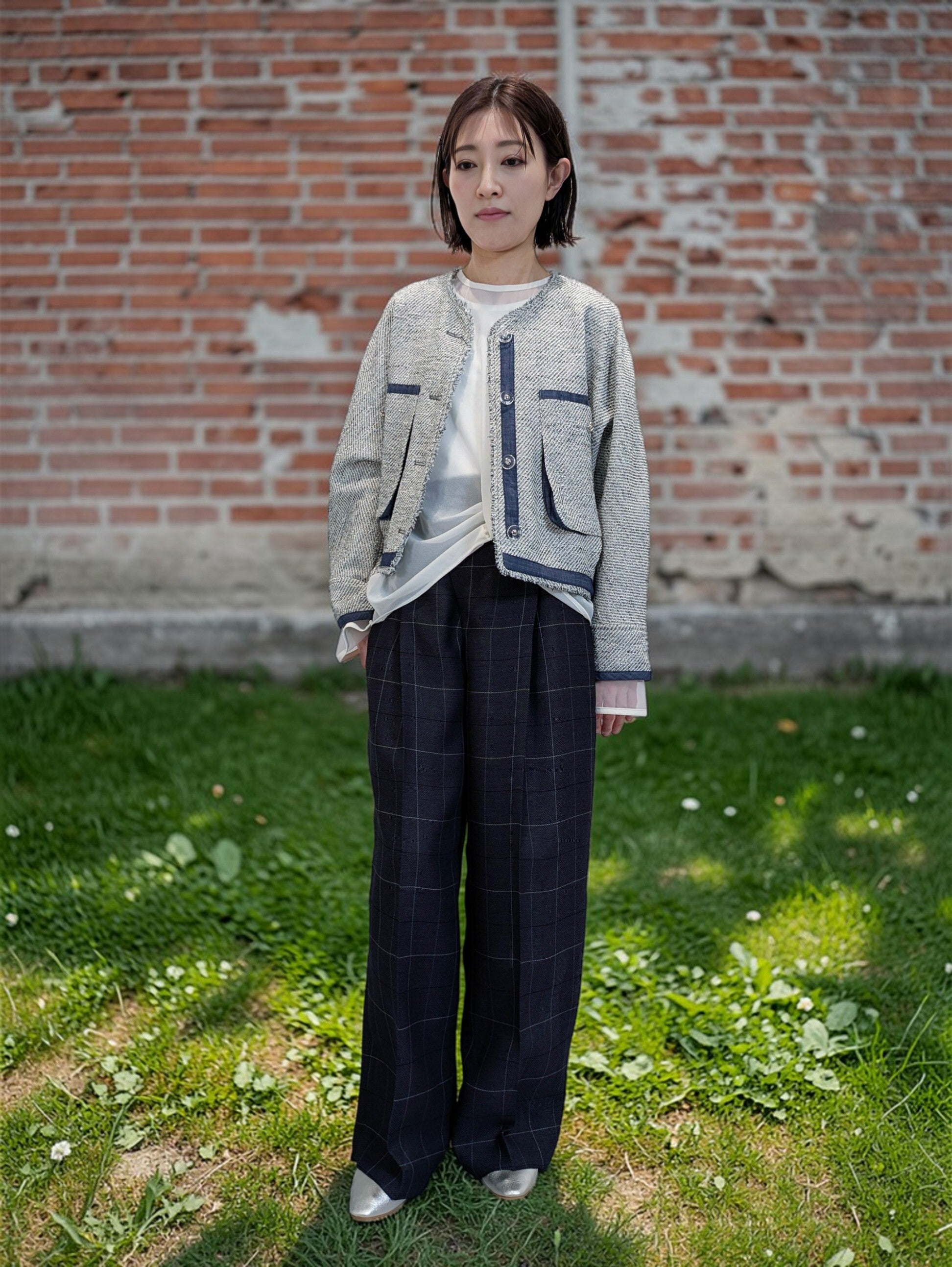 ノーカラーツイードジャケット