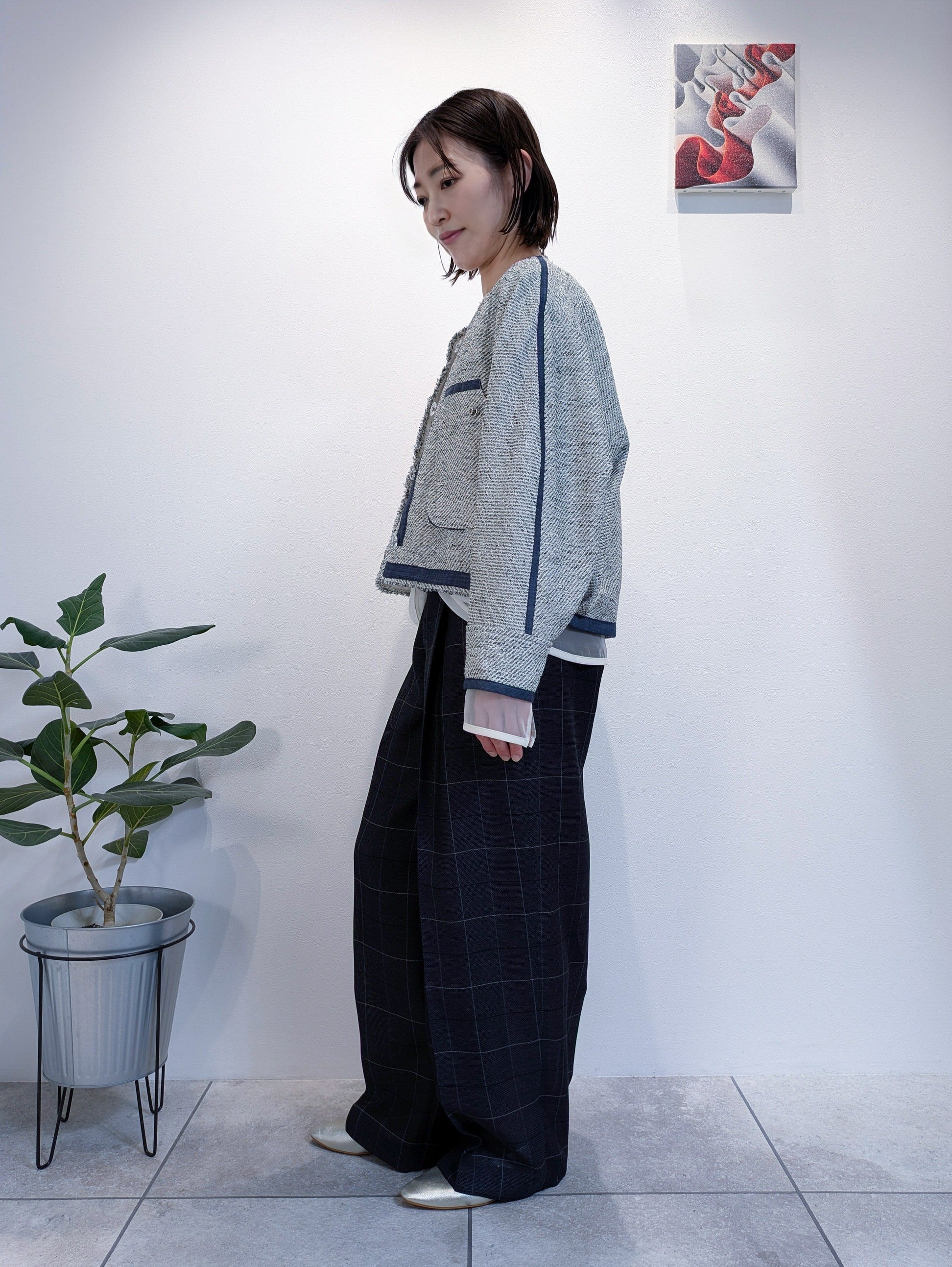 ノーカラーツイードジャケット