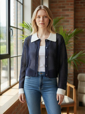 衿つきメッシュニットカーディガン