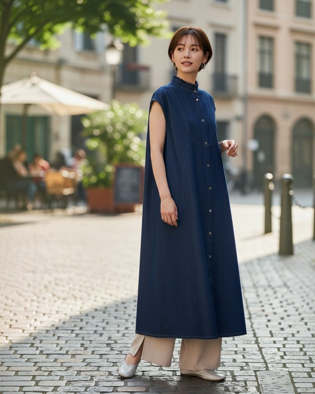 フリルカラーデニムワンピ