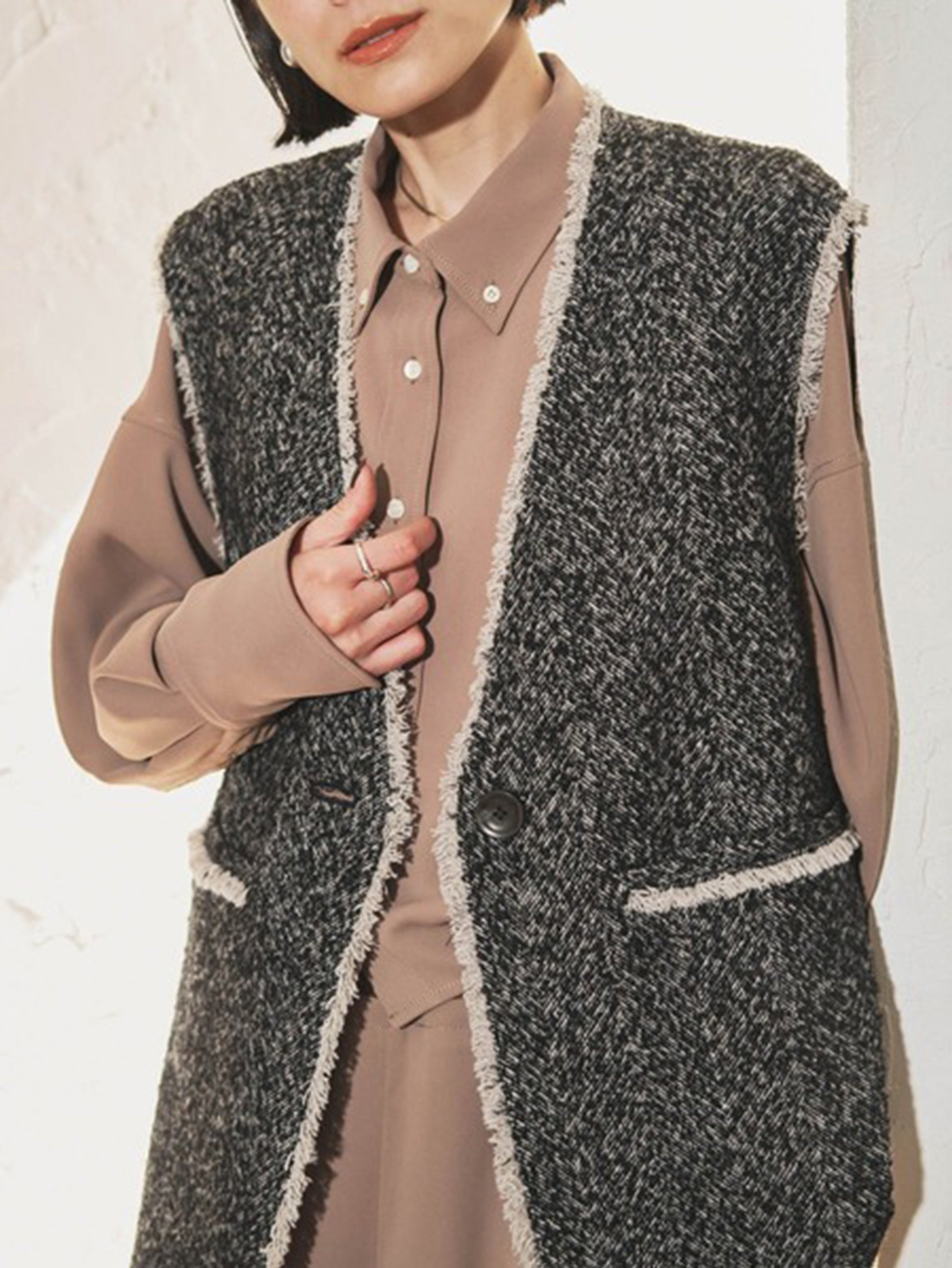 Herringbone tweed long gilet