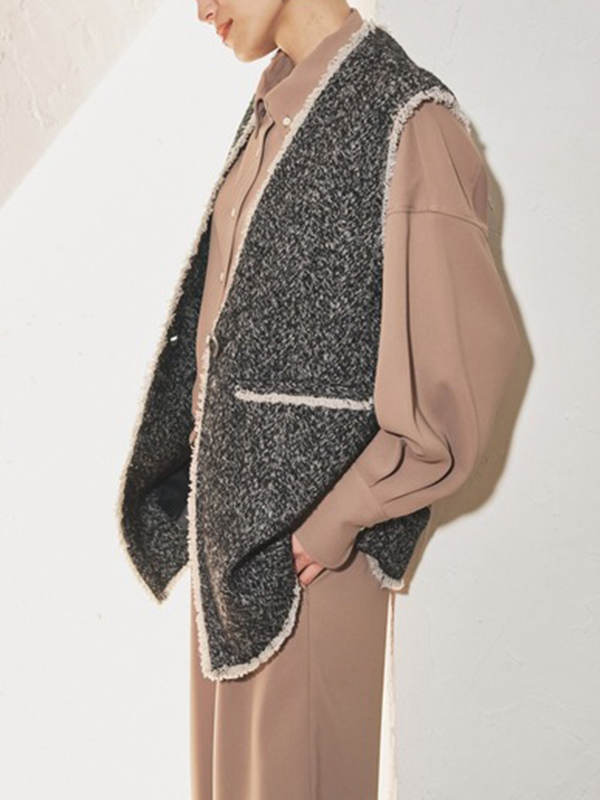 Herringbone tweed long gilet