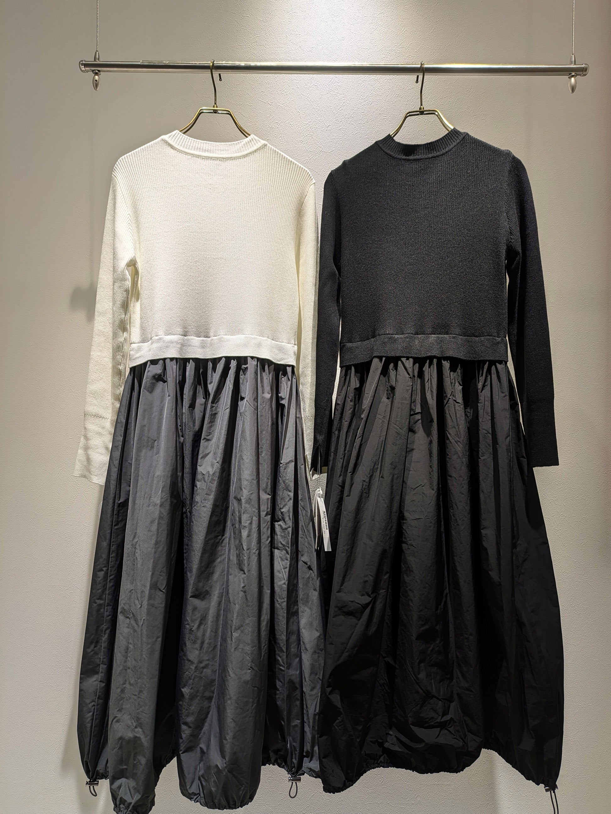 Ribbed knit × taffeta balloon dress