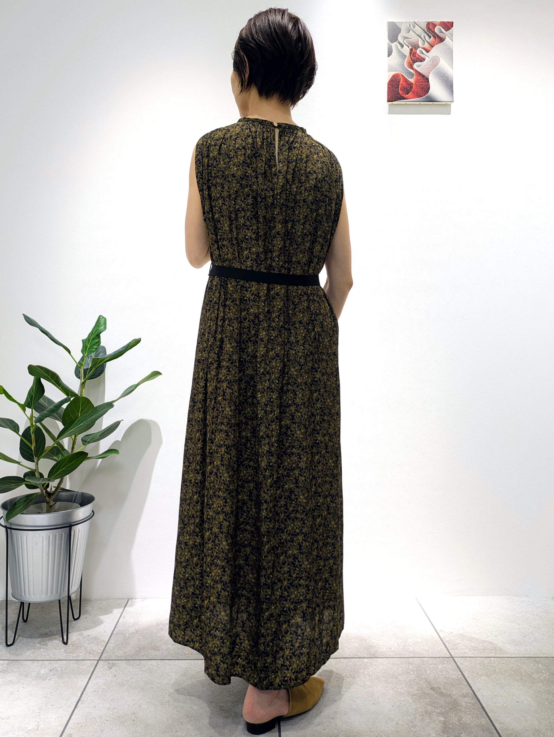 Flower Print Micro Dechin Gathered Dress