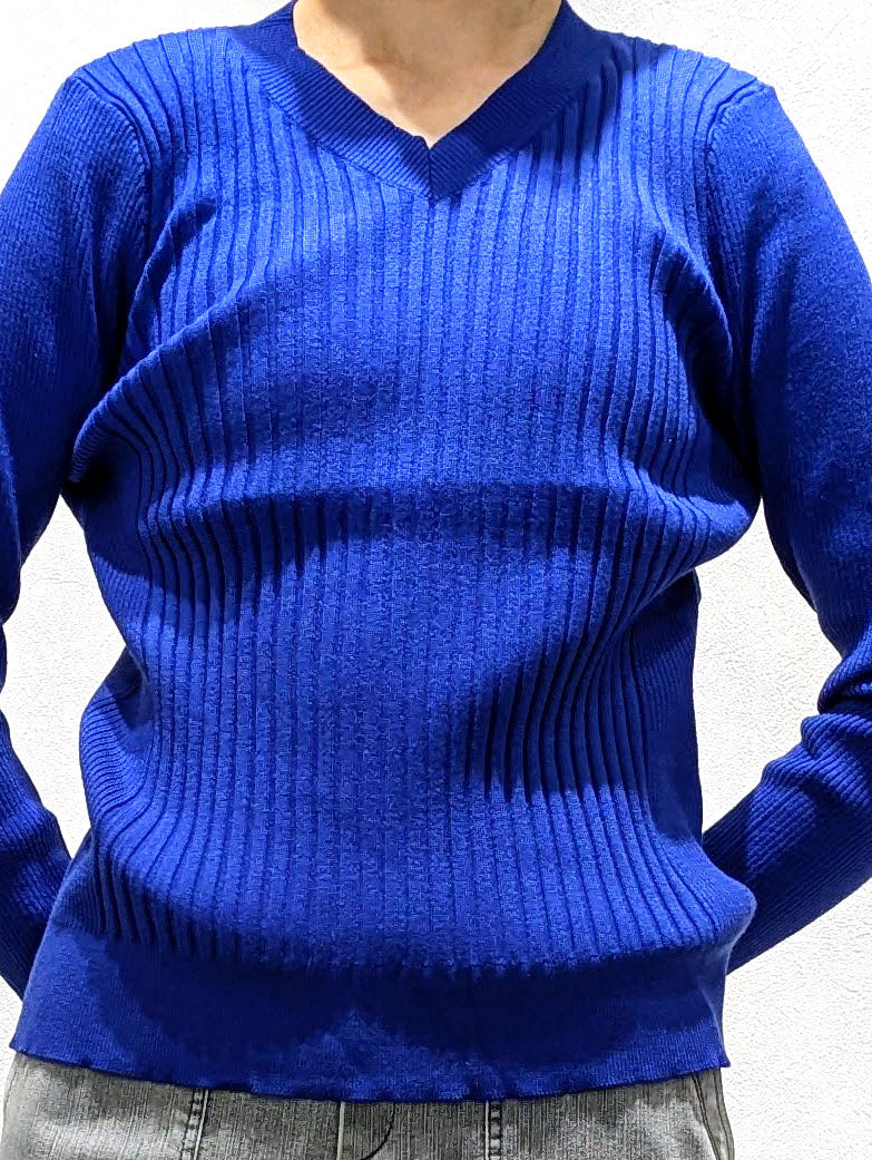 Non-tingling V neck rib knit