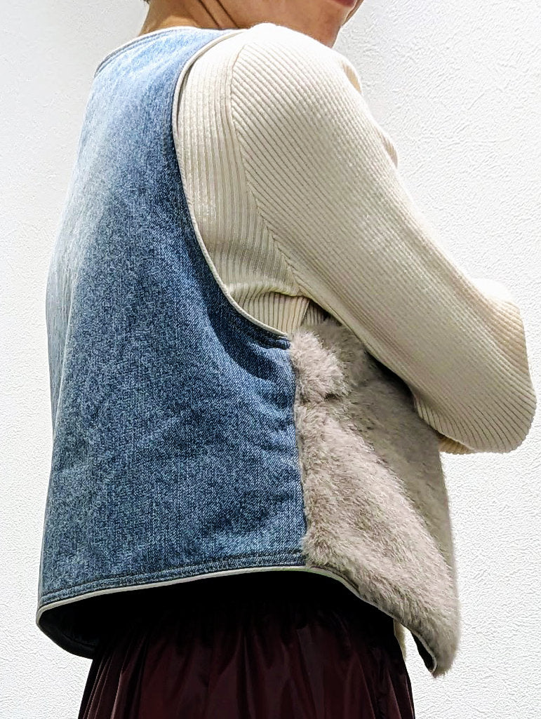 Fur x denim short vest