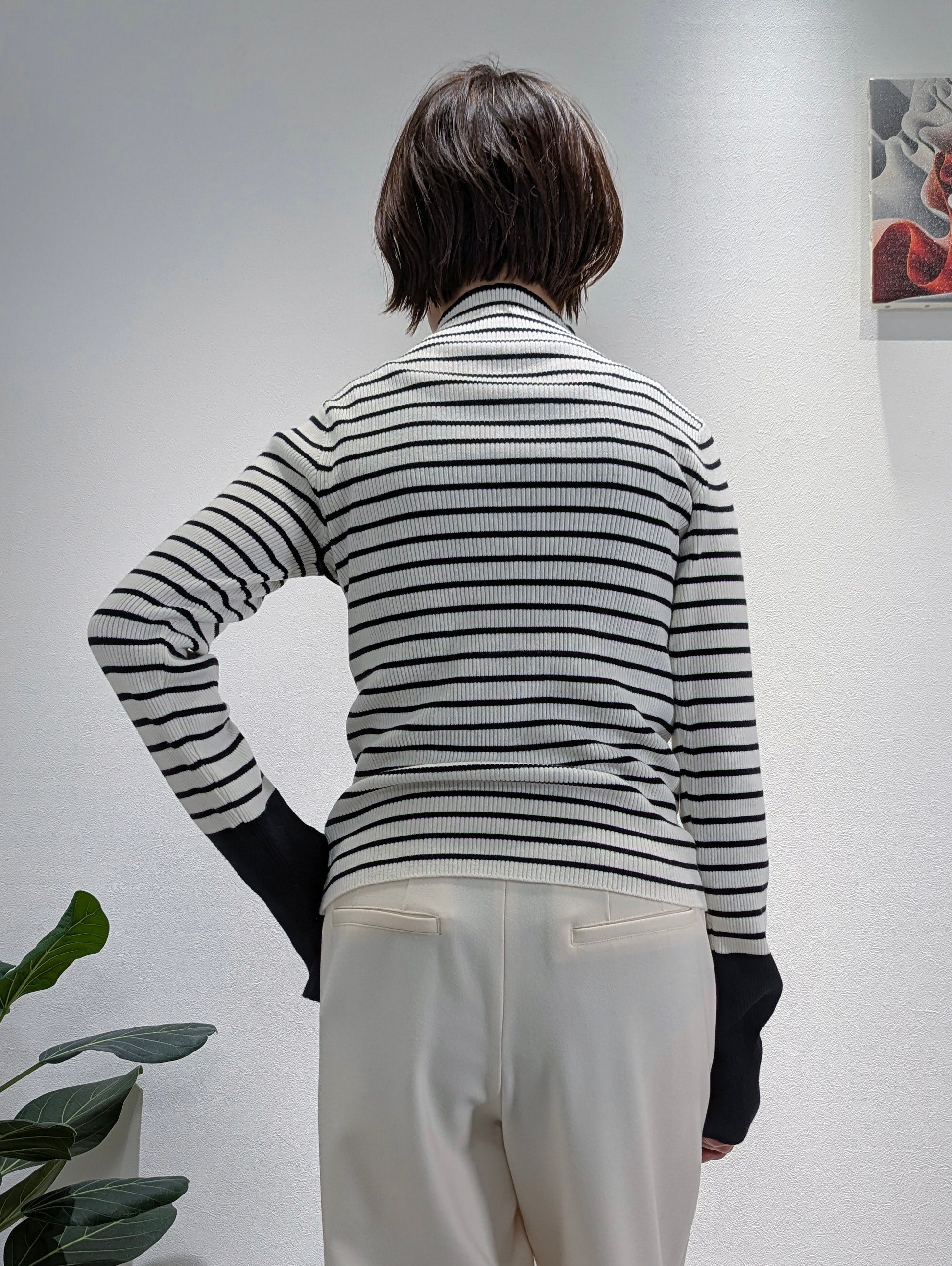 Bicolor sleeve bottle neck rib knit