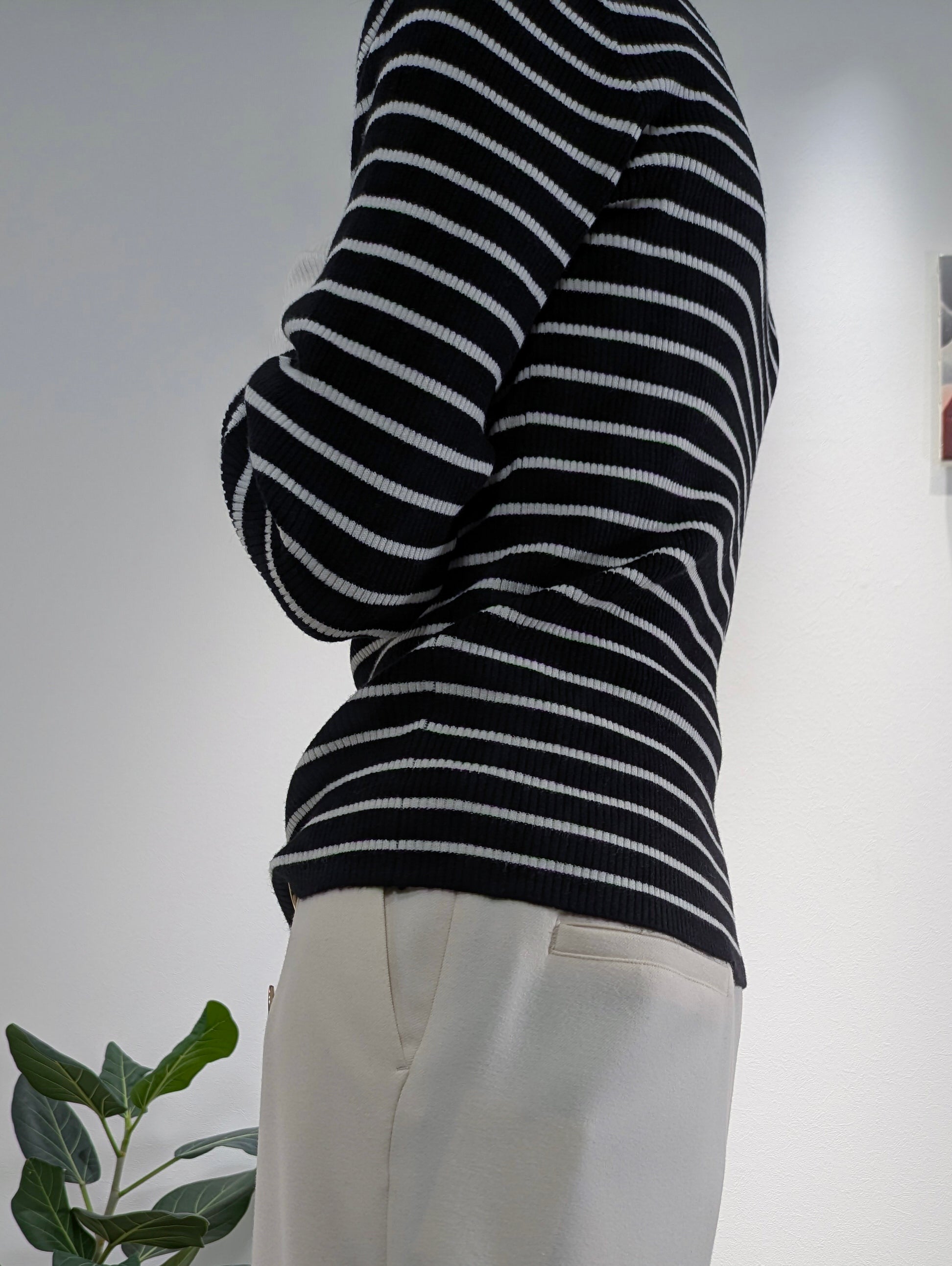 Bicolor sleeve bottle neck rib knit