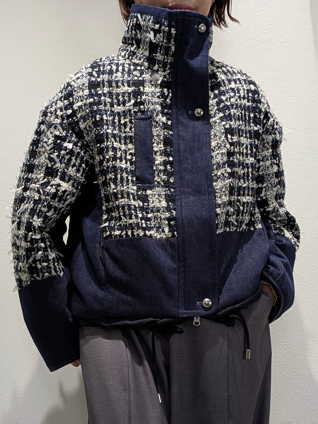 Lamé tweed puffer coat